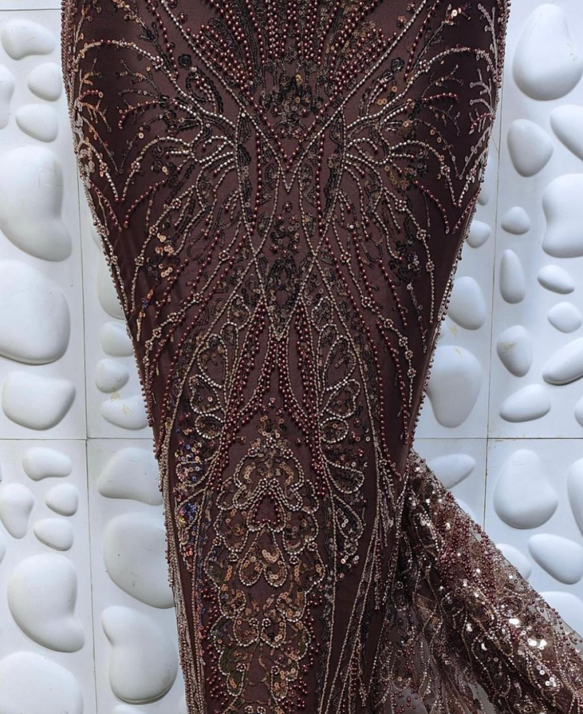 Brown Beaded Tulle Lace 