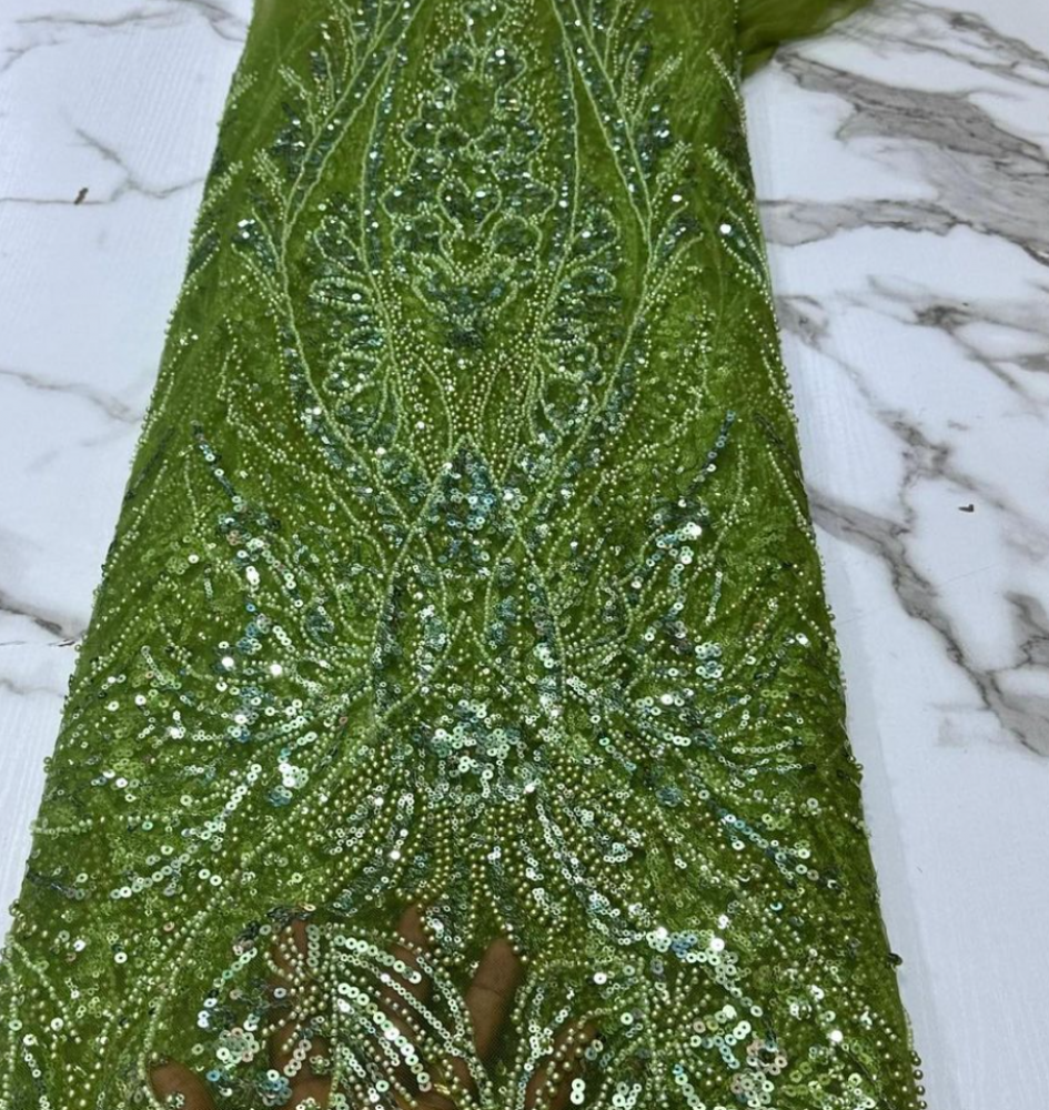 Green beaded tulle lace