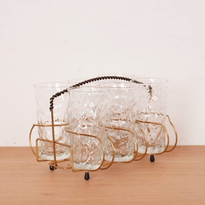 Série de 6 verres avec 1 panier de présentation en métal vintage
