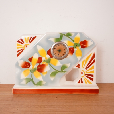 Horloge de cheminée en faïence Art Déco