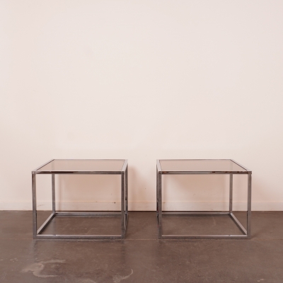 Paire table basse en verre fumé et métal chromé
