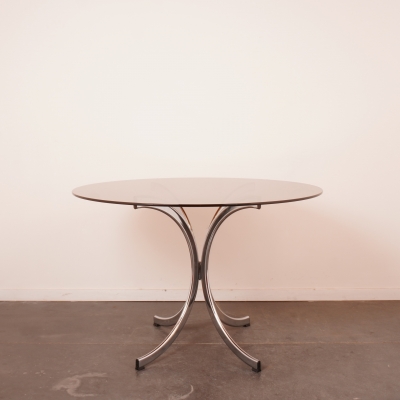 Table ronde en métal chromé et verre fumé vintage