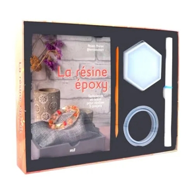 Coffret la résine époxy - Techniques et tutos pour réaliser 5 projets - Un livre explicatif, deux moules (bracelet et boîte à bijoux) et une spatule et un tapis en silicone