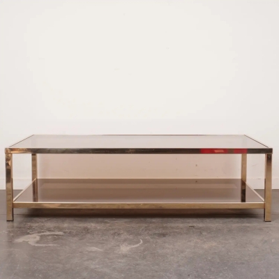 Table basse en métal doré et verre fumé vintage