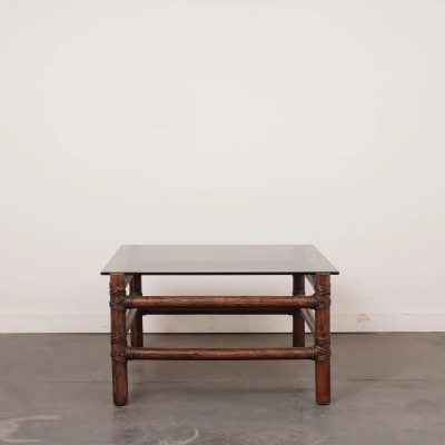 Table bout de canapé bambou et verre fumé vintage