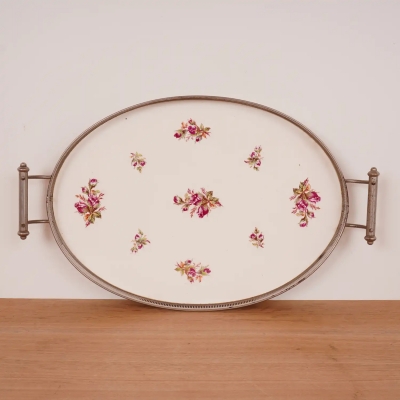 Plateau de service en faïence et métal vintage