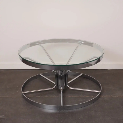 Table basse moderniste 70' en métal chromé et verre