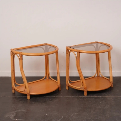 Paire de tables nuit bambou et verre fumé vintage