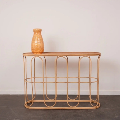 Console style bohème en métal et rotin