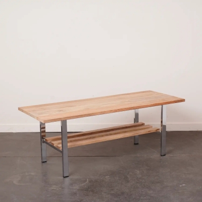 Table basse métal chromé et bois de manguier vintage