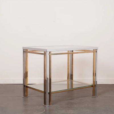 Table bout de canapé métal chromé, métal doré et verre vintage
