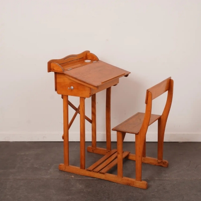 Pupitre d'écolier en bois vintage