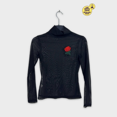 T-shirt transparent noir avec rose rouge brodée 🛒