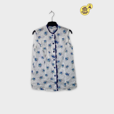 Chemisier vintage à fleurs bleu vert sur blanc