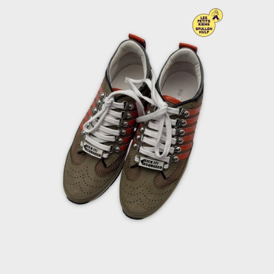 Baskets Dsquared2 cuir et tissu kaki détails orange 38