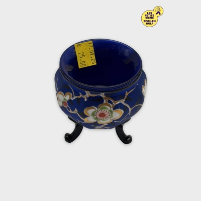 Pot décoratif en verre bleu foncé avec motifs floraux peints à la main