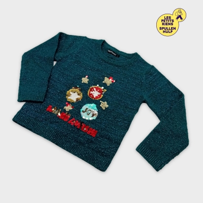 Pull In extenso vert sapin festif sequins 5 ans