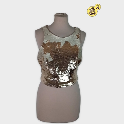 Top Zara Basic Collection À Sequins Dorés Et Blancs M