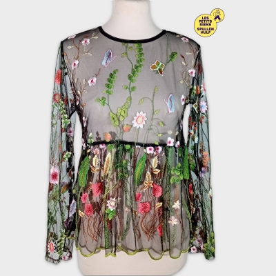 Top Sheer Fleuri Brodé Manches Longues S