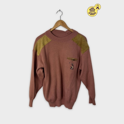 Pull vintage avec empiècements et broderie, taille L