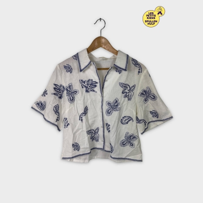 Chemisier H&m Blanc Motifs Brodés Bleus Manches Courtes S 💛