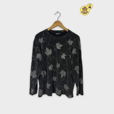 Top Vernal noir à motifs feuilles argentées manches longues XL