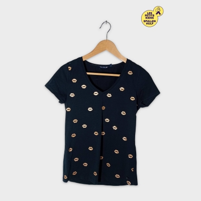 T-shirt River Woods Noir Col V À Motifs Lèvres Dorées M