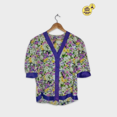 Blouse Fleurie Multicolore Col V Et Biais Violets