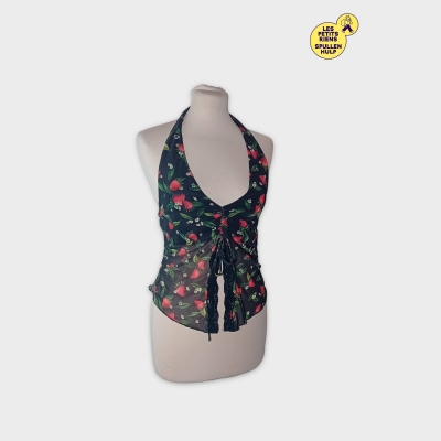 Bershka Top Halter Résille Motif Fraises Et Fleurs L