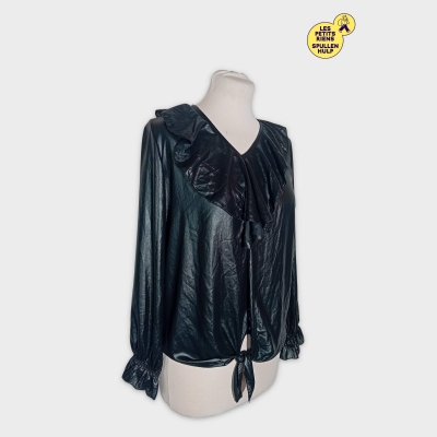 Blouse Noire Brillante Volants Nœud Chic Femme