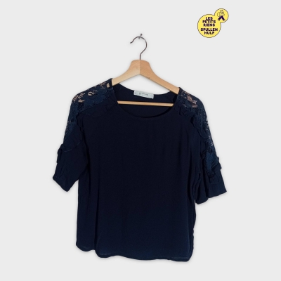 Promod Haut Femme Bleu Marine Dentelle Manches Courtes