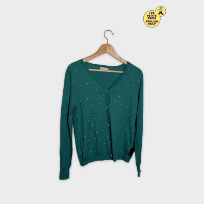 Gilet Cardigan Melvin Vert Émeraude À Pois Blancs Boutons Nacrés L 40