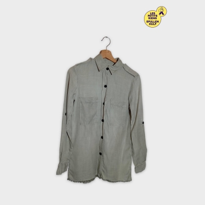 Chemise Femme Zara Xs Beige En Lyocell À Poches Et Ourlet Effiloché