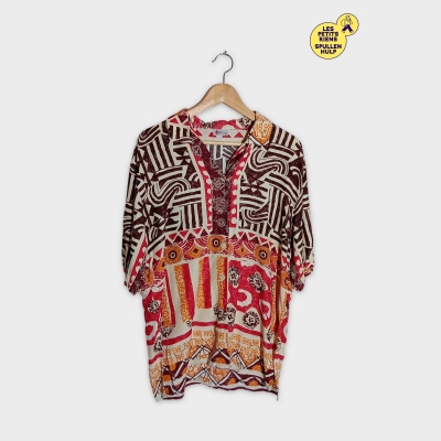 Chemisier Bianca L Motif Ethnique Coloré Rouge Beige