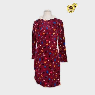 Robe Sandro Paris Bordeaux Motifs Abstraits Col Volanté