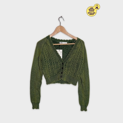 Cardigan Maille Torsadée Zara Vert Olive M Neuf Avec Étiquette