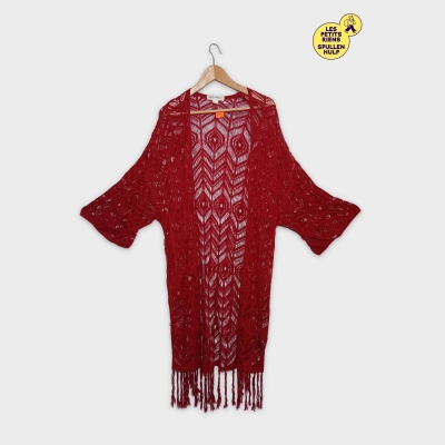 Gilet Kimono Rouge Dentelle H&m Coachella Franges Femme L