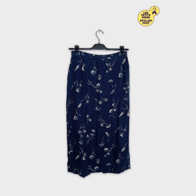 Jupe Longue Cassis Bleu Marine Motifs Floraux Blancs Xl 42