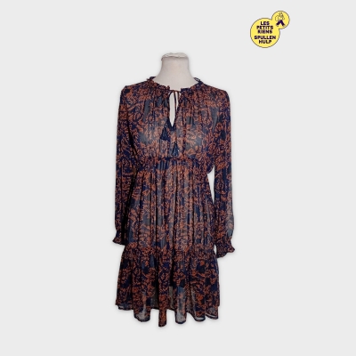 Robe Longue Fluide Suncoo Paris T1 Bleu Marine Motifs Feuilles Cuivrées