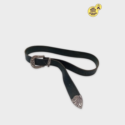 Ceinture Western Cuir Noir Embossé Boucle Et Pointe Argentées 110 Cm