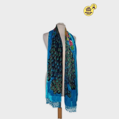 Écharpe Pashmina Motif Paon Et Fleurs Scintillantes En Soie Turquoise