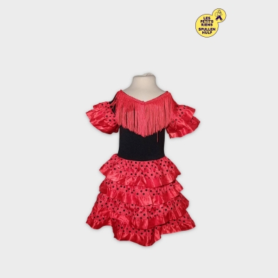 Robe Flamenco Rouge À Pois Noirs Avec Froufrous Et Franges