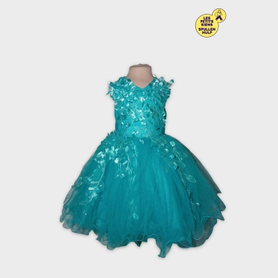 Robe De Soirée Enfant Turquoise 8 Ans Avec Appliqués Floraux Et Tulle
