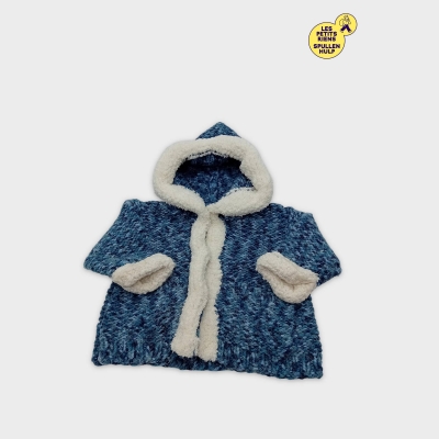 Pull À Capuche Tricot Bébé 3-6 Mois Bleu Chiné Oreilles Ourson Doublure Moumoute