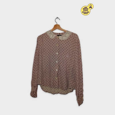 Chemisier Blouse Frenchie Pois Dentelle Col Taille Xl 42 Beige Bordeaux