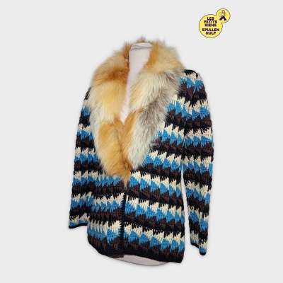 Gilet Veste Cardigan Tricot Géométrique Col Fourrure Vintage S