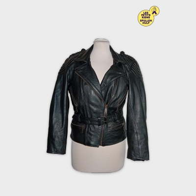 Blouson Motard Cuir Noir Femme T36 Matelassé Zippé Ceinturé
