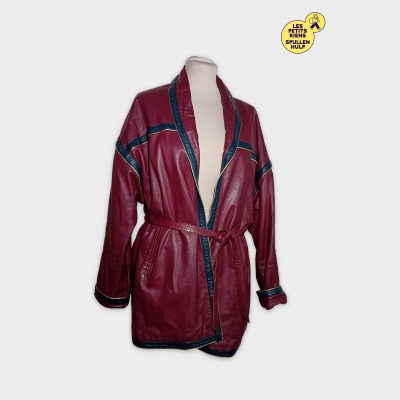 Veste Manteau Cuir Vintage Bordeaux Ceinturé Bandes Bleu Doré