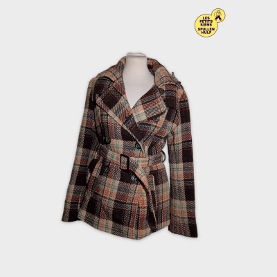 Trench-coat Court Ceinturé À Carreaux Marron Clockhouse Xl 42