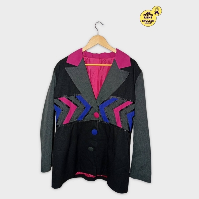 Veste Femme Col Coloré Motif Géométrique Noir Gris Rose Bleu S